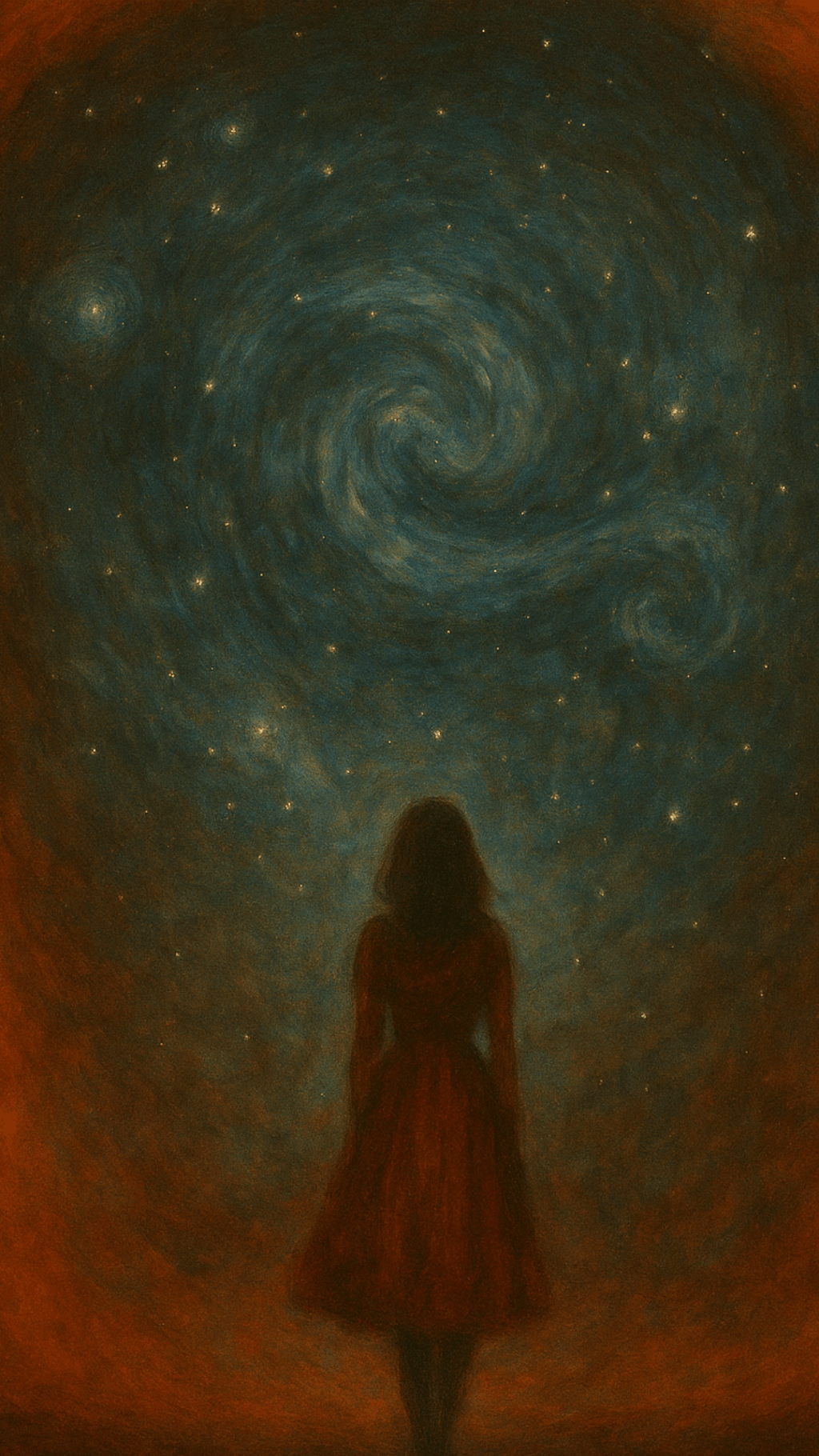 stary night sky with a woman in red dress standing in foreground facing away from viewer.